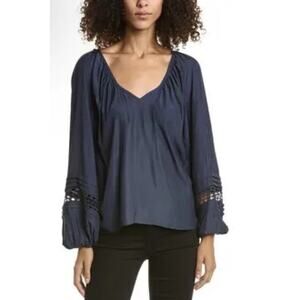 Ramy Brook Navy Blue Vneck Long Sleeve Peasant Sleeve Blouse Flowy Sz Small NEW